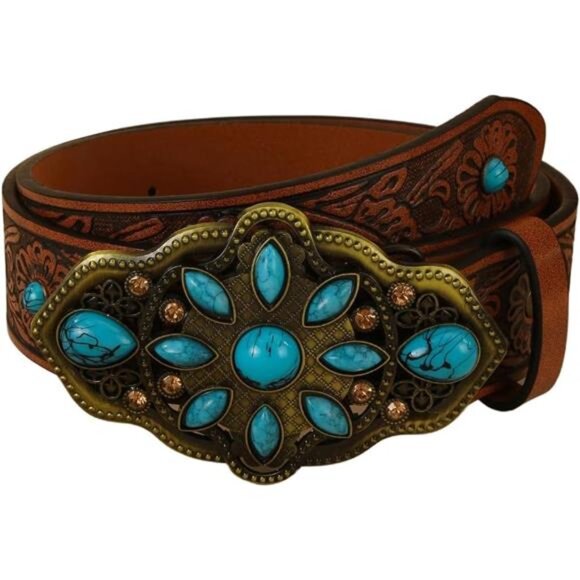 Women\'s Turquoise Belt Western Cowgirl Belt Vintage Floral Embossed Buckle main image 6